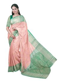 GraceCharm Art Silk Baby Pink Checks Paisley Butta with Sea Green Border Saree