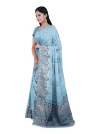 GraceCharm Cotton Sky Blue Floral Butta with Geometric Pallu Saree