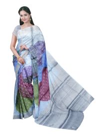 Graceful Essence Tussar Silk Circle Print Silver Butta Zari Border Saree