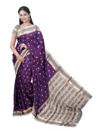 kora Silk Cotton Aubergine Paisley Butta with Striped Zari Pallu Saree   