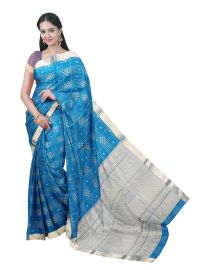 kora Silk Cotton Cerulean Blue Geometric Checks Diamond Pallu Saree