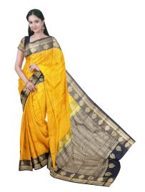 Gracecharm Marigold Yellow Tissue Art Soft Silk Floral Jaal Motif with Zari Border Saree