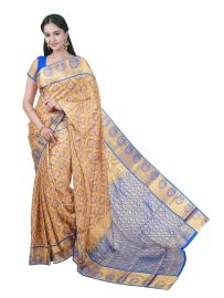Gracecharm beige yellow Gift Art Silk Floral Jacquard with Geometric Pallu Saree