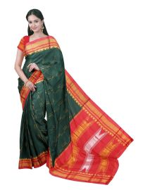 Dharward Cotton Bottle Green Line Motif Stripe Pallu Saree