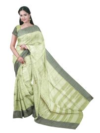 Gracecharm Semi Dupion Peacock Floral Medallion Grid Stripe Pallu Saree