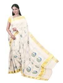 Kerala Cotton Checked Peacock Motif with Peacock Zari Border Saree