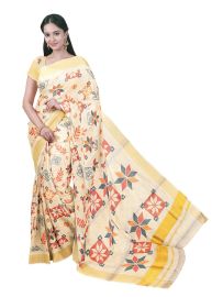 Kerala Cotton Geometric Floral Leaf Motif with Star Floral Pallu Saree