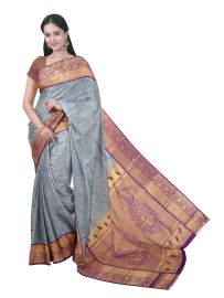 Gracecharm Royal blue Gift Art Silk Floral Jacquard with Geometric Pallu Saree