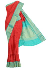 Traditional Arani coral red Pure Silk Nine Yards Plain with Gold Zari weave Border Saree