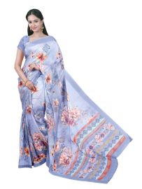 Gracecharm Periwinkle Blue Semi Jute Printed Floral Butta with Floral Vine Pallu Saree
