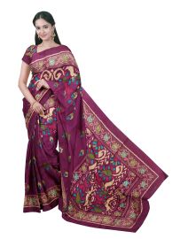 Gracecharm Deep Ruby Purple Fancy Ikat Print Silk Floral Paisley Motifs Pallu Saree