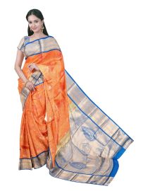Gracecharm Gift Art Silk Orange  Floral Jacquard with Geometric Pallu Saree