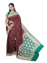 BlossomEase Semi Banarasi Leaf Butta with Green Paisley Pallu Saree