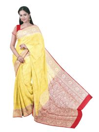 BlossomEase Semi Banarasi Leaf Butta with Red Floral Pallu Saree