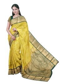 Gracecharm Chartreuse Green Gift Art Silk Floral Jacquard with Geometric Pallu Saree