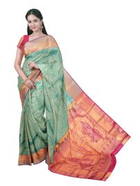 Gracecharm Rama Green Gift Art Silk Floral Jacquard Fine Stones With Zari Woven Border Saree