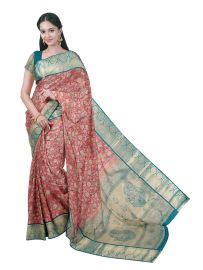 Gracecharm Gift Art Silk Coral Red Floral Jacquard Pallu Saree