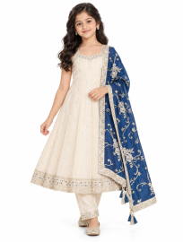 Graceful Essence Girls Embroidered Floral Kurta Pant Dupatta Set