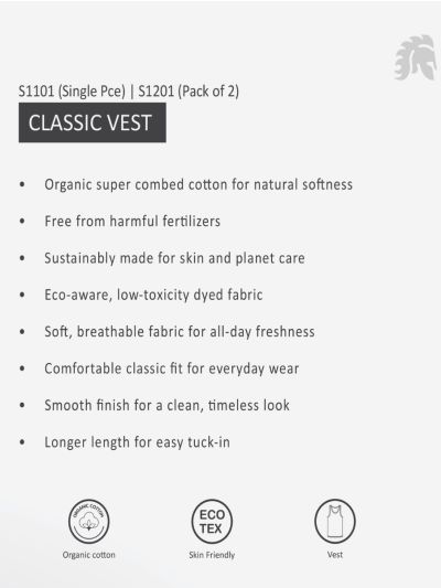 Warior Men's White 100% Organic Cotton Classic Vest (Pack of 2)