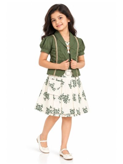 Graceful Essence Girls Floral Applique Jacket Top and Pleated Mini Skirt Set
