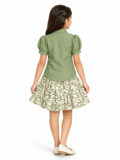 Graceful Essence Girls Puff Sleeve Lace Pocket Top Leaf Print Short Skirt Set