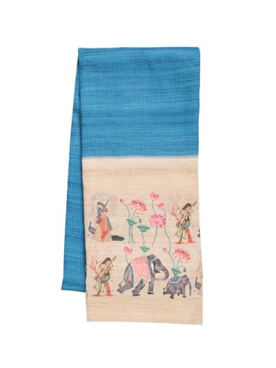 Gracecharm Semi Linen Dotted Stripe with Elephant Lotus Pictorial Pallu Saree
