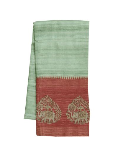 Gracecharm Semi Linen Dotted Stripe with Elephant Ambari Pallu Saree