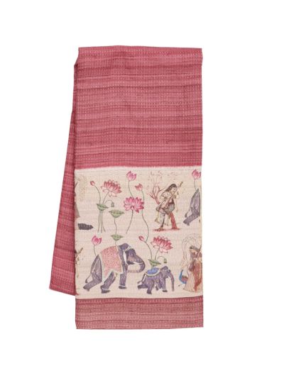 Gracecharm Semi Linen Stripe with Elephant Lotus Pictorial Pallu Saree