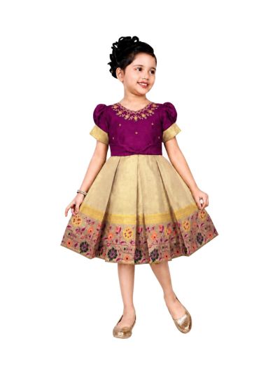 Traditional Art Silk Ivory Gold Floral Vine Zari Border Frock