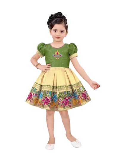 Traditional Art Silk Ivory Gold Multicolor Floral Jacquard Frock