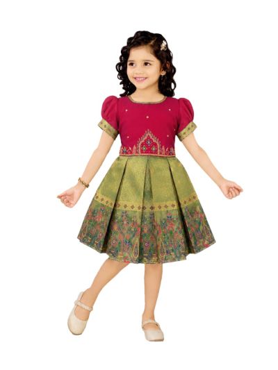 Traditional Art Silk Sage Green Multicolor Floral Paisley Jacquard Frock