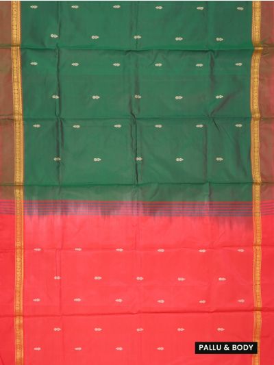 Kanmanie Vazhainaar Pattu Emerald Green Coral Red Butta Saree