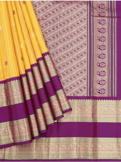 Vivaha Kanchipuram Pure Silk Butta Stripes with Diagonal Floral Pallu Saree
