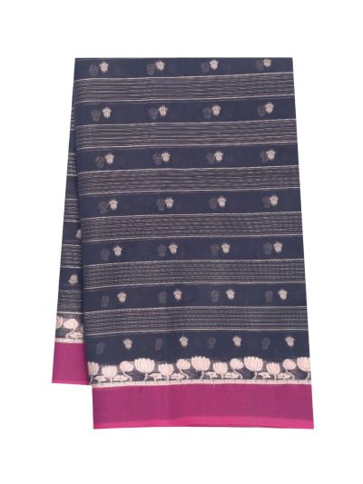 Gracecharm Kora Silk Cotton Navy Blue Striped Lotus Border Saree