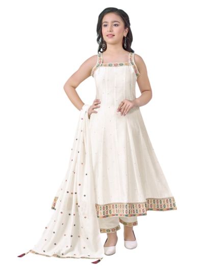Graceful Essence Girls Multicolour Embroidered Butta Flared Kurta Pant Dupatta Set
