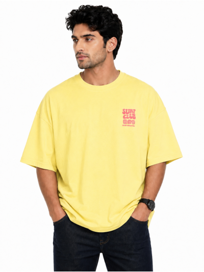Warior Men's Surf Club Typography Printed Crew Neck Oversized T-Shirt