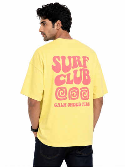 Warior Men's Surf Club Typography Printed Crew Neck Oversized T-Shirt