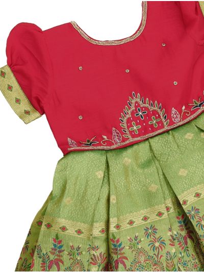 Traditional Art Silk Sage Green Multicolor Floral Paisley Jacquard Frock