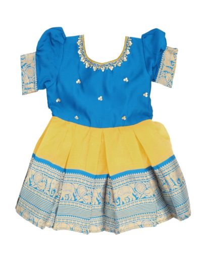 Traditional Art Silk Turmeric Yellow Elephant Floral Zari Border Frock