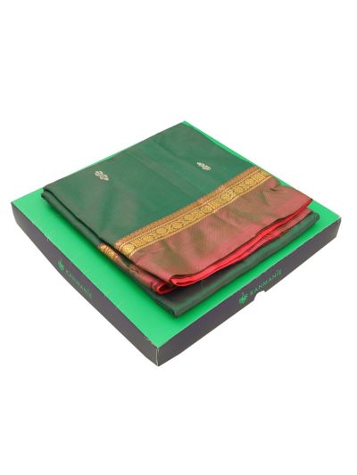 Kanmanie Vazhainaar Pattu Emerald Green Coral Red Butta Saree