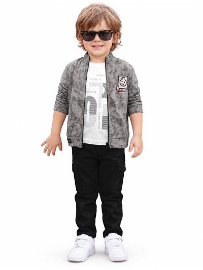 Gracecharm Boys Abstract Zip Jacket with Bear T-Shirt and Cargo Pant Set