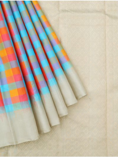 Gracecharm Pure Soft Silk Multicolor Check with Diamond Brocade Pallu Saree