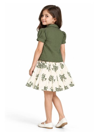 Graceful Essence Girls Floral Applique Jacket Top and Pleated Mini Skirt Set