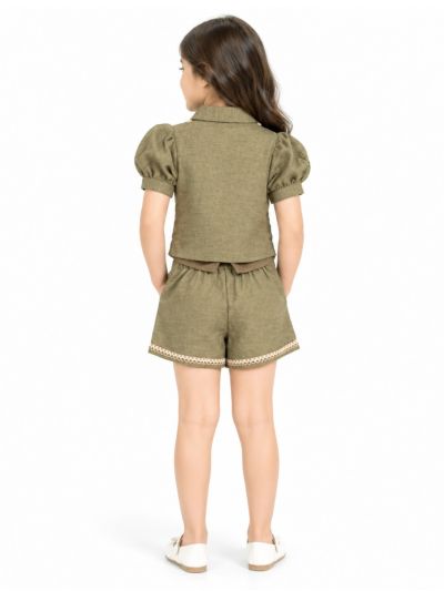 Graceful Essence Girls Puff Sleeve Lace Trim Bow Detail Shirt and Shorts Set