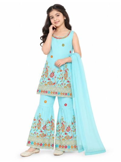 Graceful Essence Girls Peacock Floral Embroidered Kurta Sharara Dupatta Set
