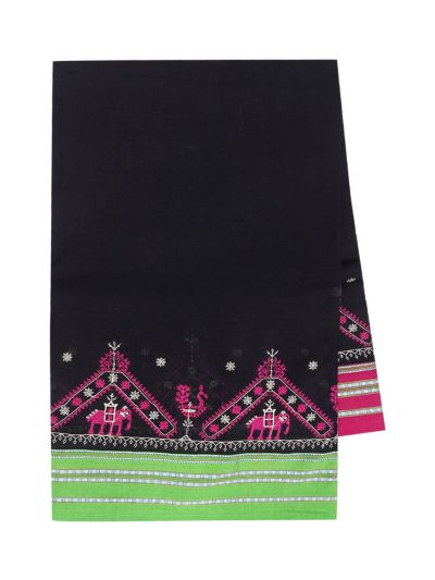 Black Banahatti Cotton Saree with Temple Border and Striped Pallu