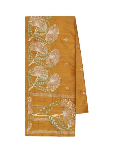 Gracecharm Semi Tussar Peacock Feather Floral Border Saree with Small Floral Buttas
