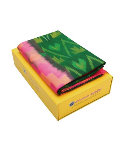 Gracecharm Pure Soft Silk Geometric Ikat Motif with Contrast Border Saree
