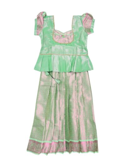 Charming Girls Mint Green Readymade Art Silk Pattu Pavadai Set