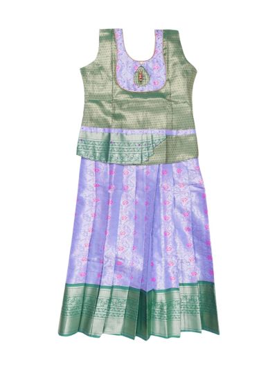 Charming Girls Sage Green Readymade Art Silk Pattu Pavadai Set